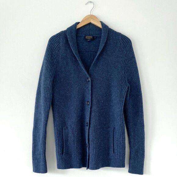 Pendleton Thick Blue Wool Cardigan Sweater V-Neck Ribbed Knit w/ - Picture 1 of 8
